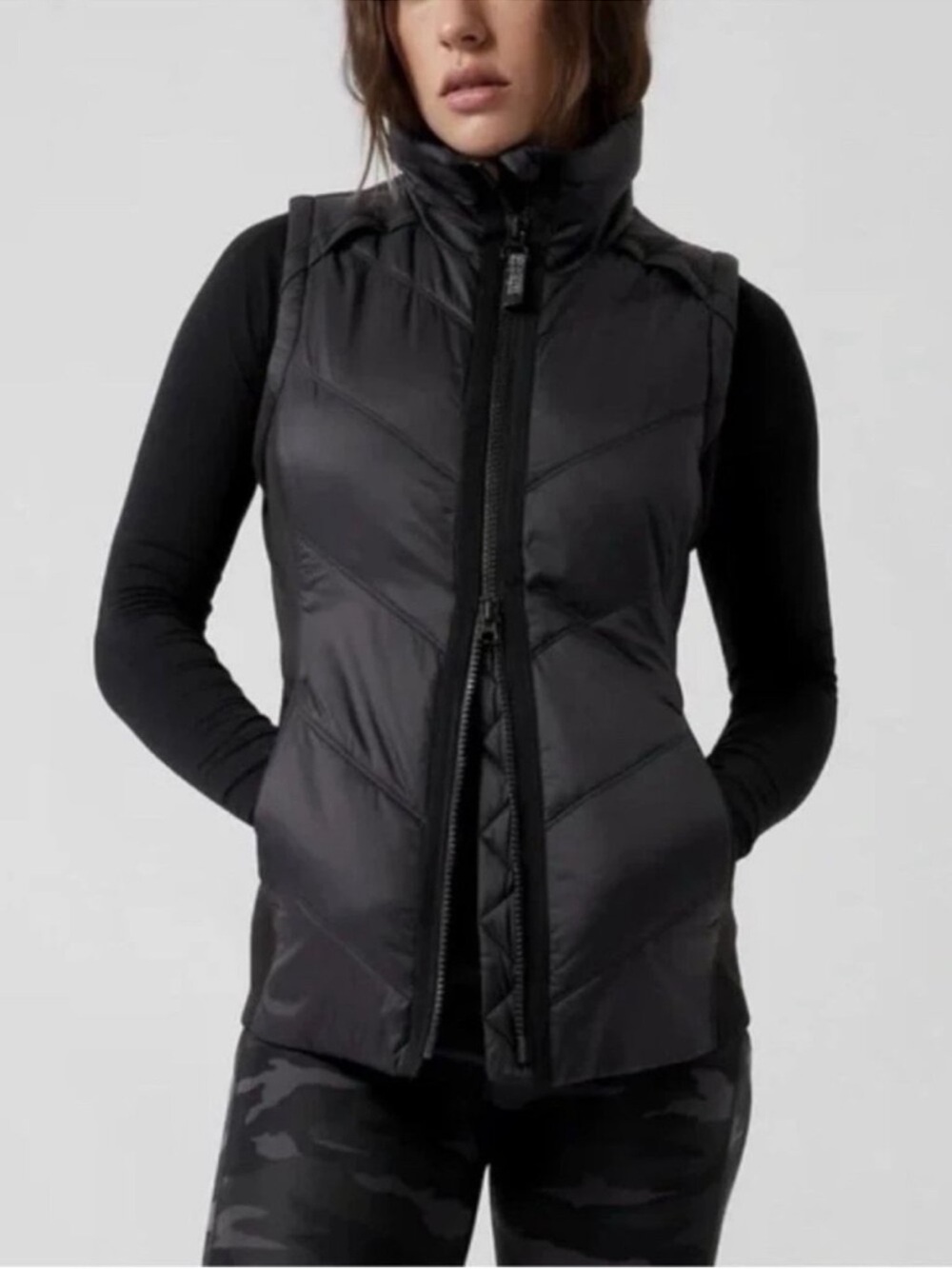 Athleta Rock Ridge PrimaLoft Down Vest Black LP 2 Way Zip Tunic Stretch